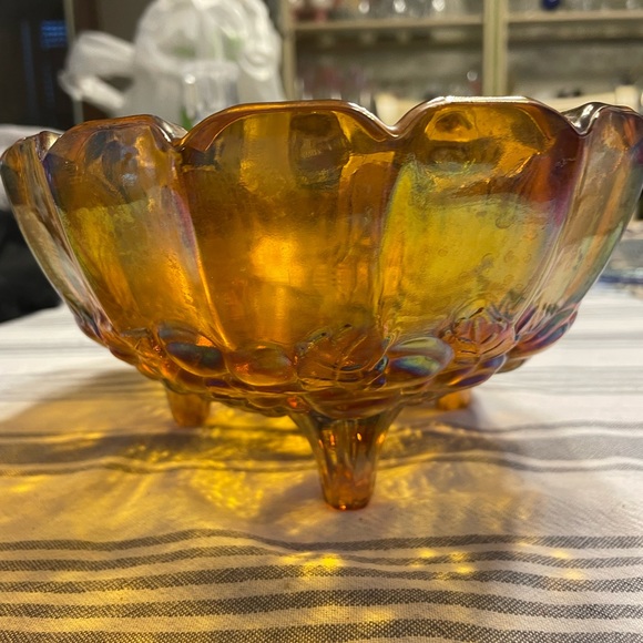 Vintage Oval Footed Fruit Bowl Indiana Glass Amber Carnival Harvest Grape Design - Picture 5 of 6
